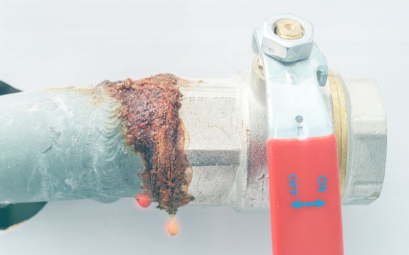 a pipe with leak and colored water dripping from it