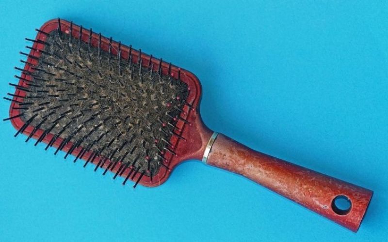 A dirty brush that needs cleaning with blue background