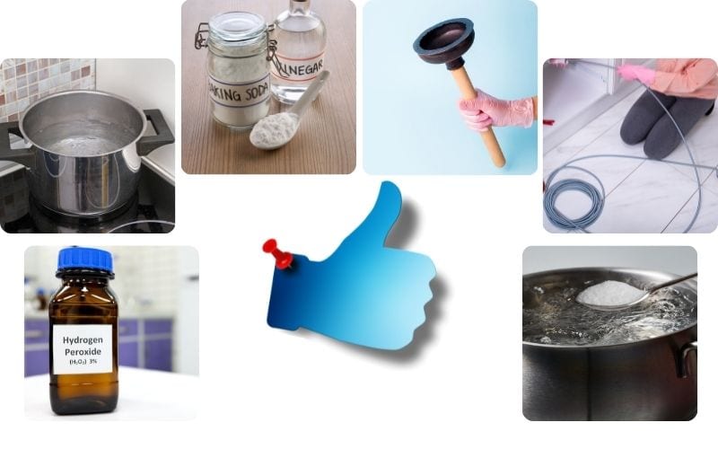 Image of six photos of items use for cleaning bathtubs with blue hand at the middle