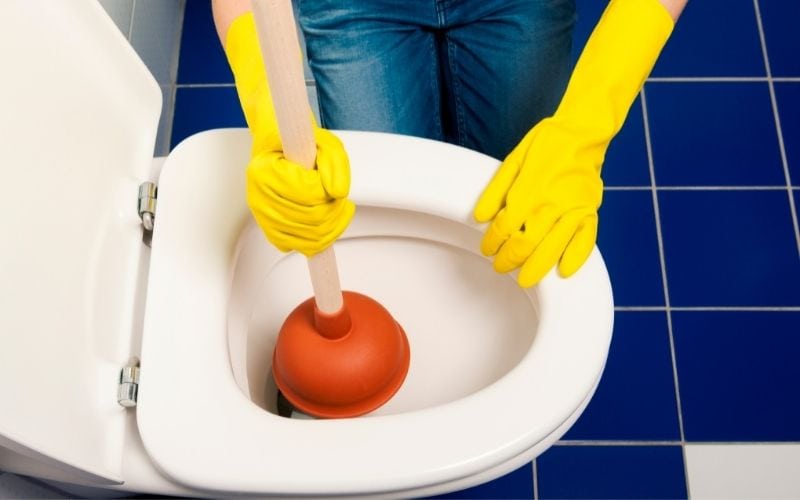 Photo of a person beside a toilet bowl holding a plunger