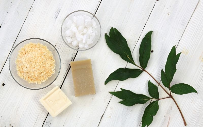 flatlay of soda crystals, soap and powder next to green leaves
