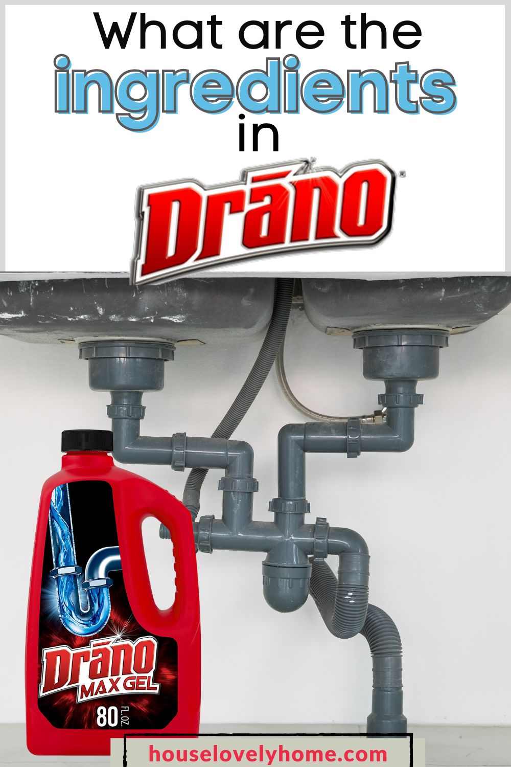 Image showing a red container of drano with sink drain pipes at the background with text overlay that reads What Are the Ingredients in Drano