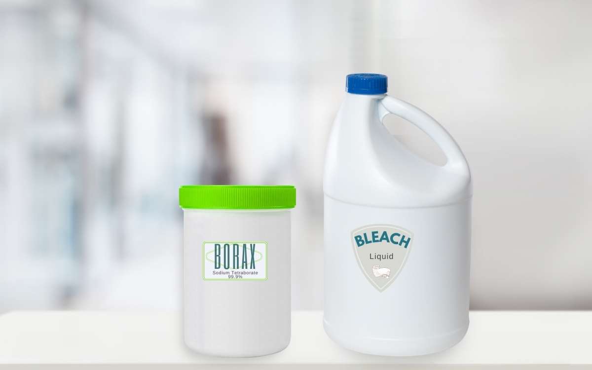 Image of a jar labeled Borax and a gallon labeled bleach