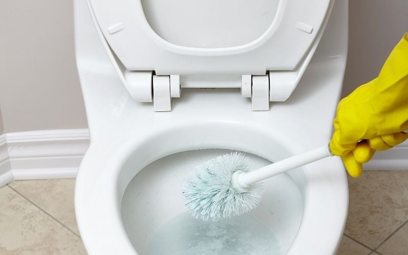 A toilet bowl being cleaned with the use of a brush