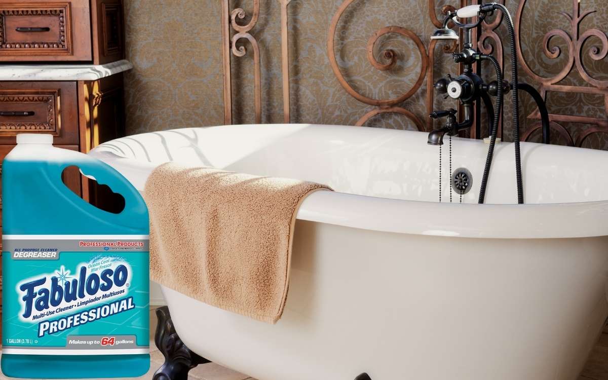 Image showing a bathtub with a towel placed on it and a photo overlay of a container of fabuloso
