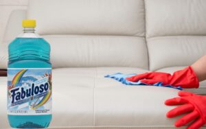 Photo of a pair of hands cleaning a leather couch using a clean rag