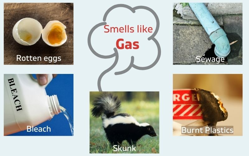 Photo showing images of a rotten egg, a gallon with bleach, a skunk, part of sewage and a burning plastic sign with text overlay in the middle that reads Smells like gas