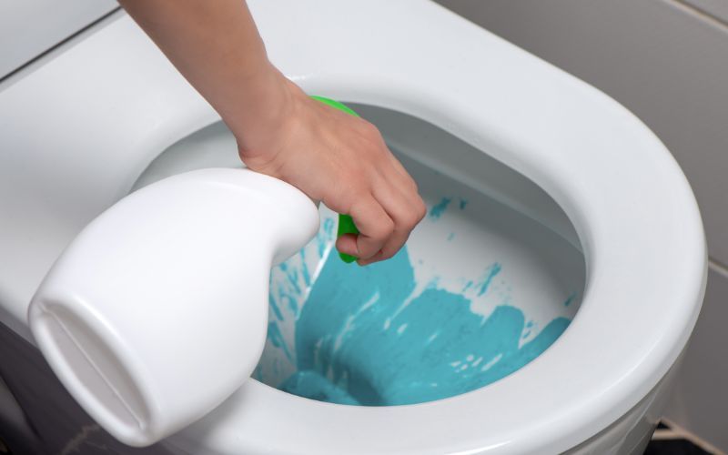A hand holding a liquid cleaner used to clean the toilet bowl