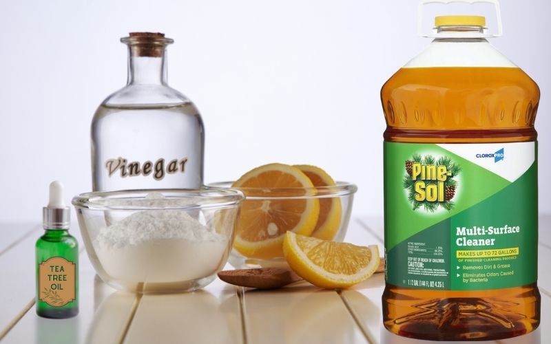 Image showing a bottle of Pine Sol, and Vinegar, a bowl of white powder, slices of lemon in a clear bowl and a small green bottle of Tea Tree oil on top of a table._Can You Mix Pine-Sol and Vinegar
