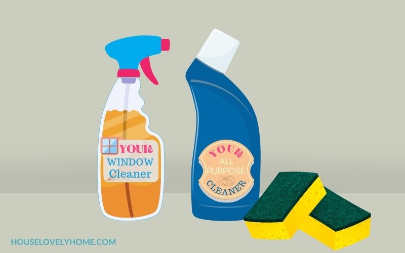 Graphic images showing bottles of window cleaner, all purpose cleaner and two sponges